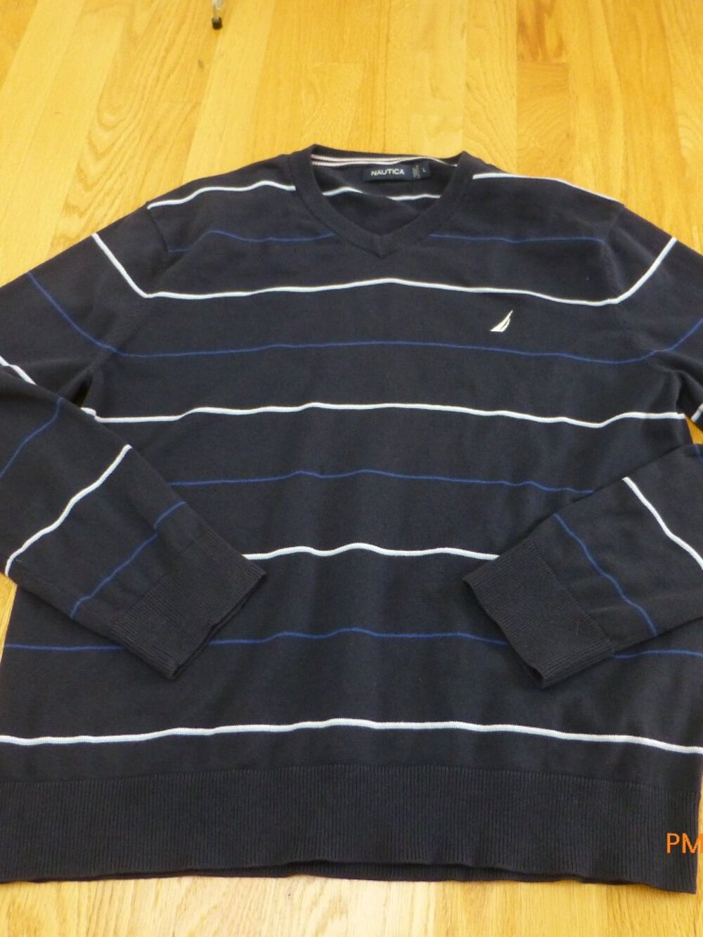 Nautica Men's V-Neck Sweater in Blue with stripes Size L Preppy Nautical